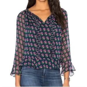 Diane Von Furstenberg Blue Floral 100% Silk Simonia Long Sleeve Blouse Shirt